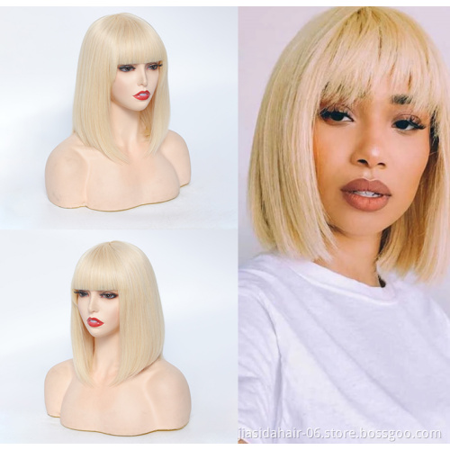 Short Blonde Bob with Bang None Lace Virgin Cuticle Aligned Lacefront Braided For Black Women Wig Human Hair